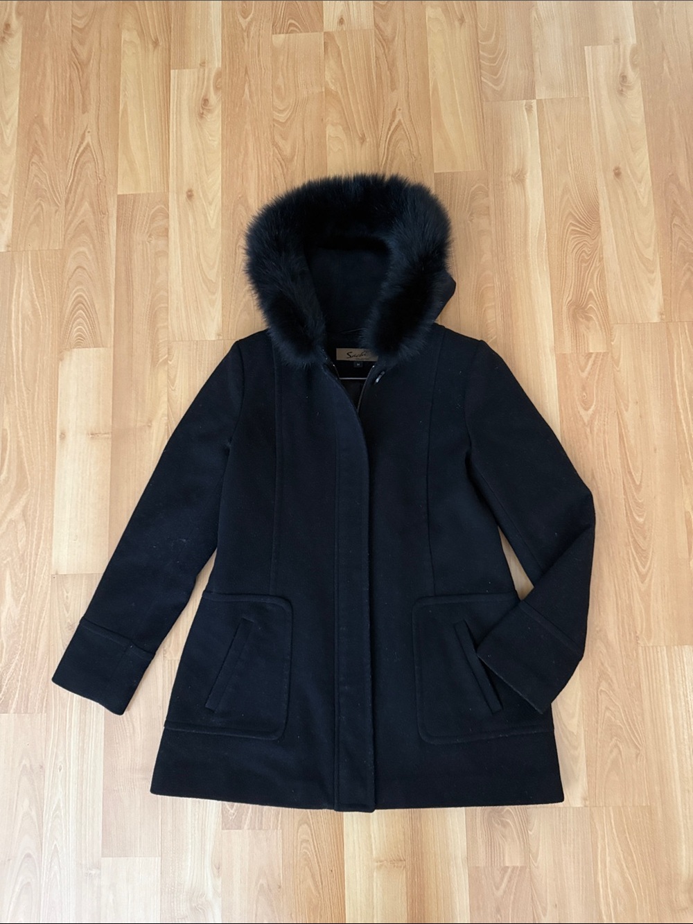 SACHI Black Hooded Wool Pea Coat with Faux Fur Trim